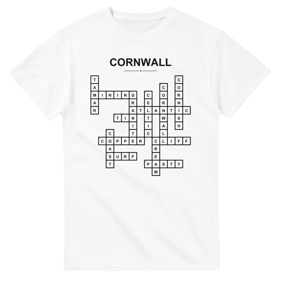 Monochrome crossword sheet for Cornwall, with a large place-name heading, a letter grid, and numbered across and down clues.