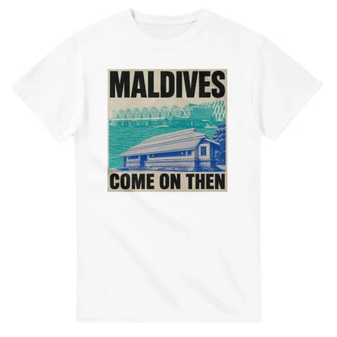 Two-colour scenic illustration for Maldives, with the place name and COME ON THEN lettering.