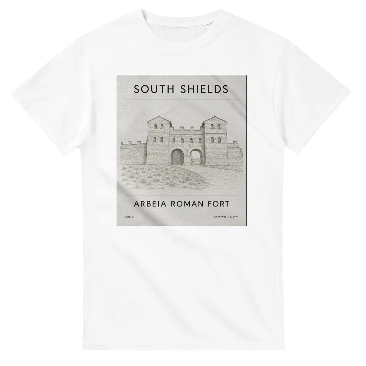 Fine-line engraving-style drawing for South Shields, with a landmark caption and small coordinate text.