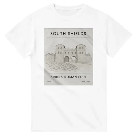 Fine-line engraving-style drawing for South Shields, with a landmark caption and small coordinate text.