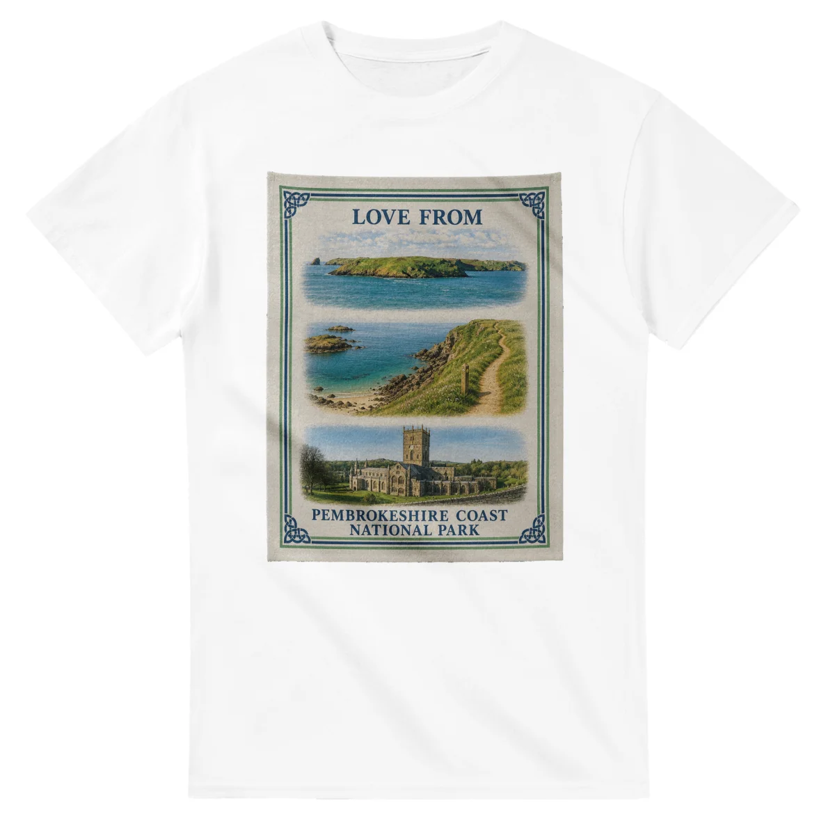 Framed scenic design for Pembrokeshire Coast National Park, with several local views, a decorative border and LOVE FROM lettering.