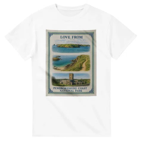 Framed scenic design for Pembrokeshire Coast National Park, with several local views, a decorative border and LOVE FROM lettering.