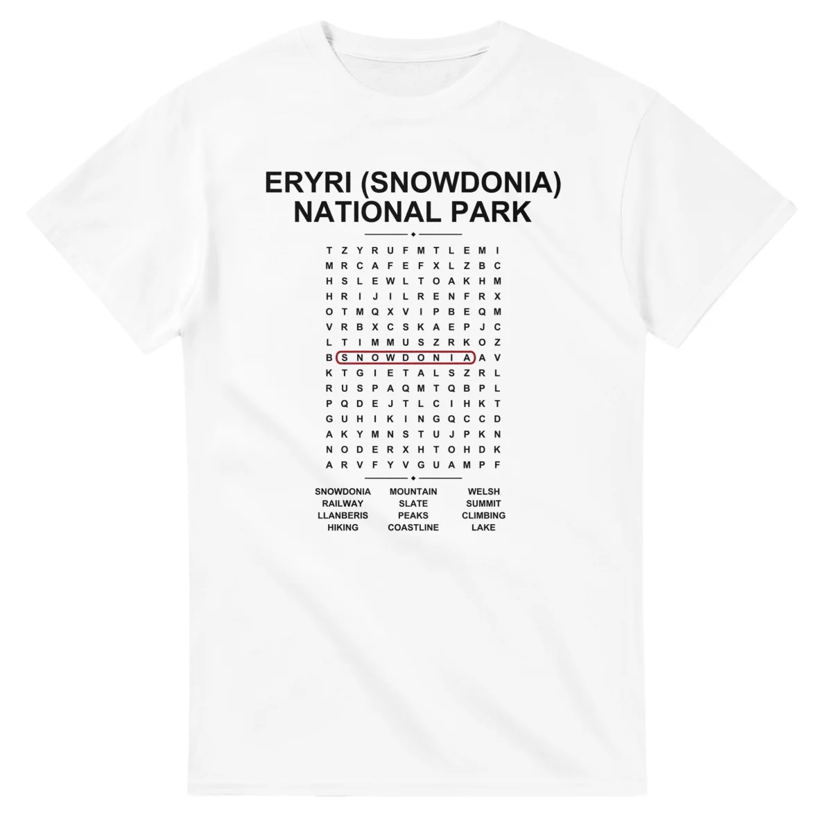 Word-search sheet for Eryri (Snowdonia) National Park, with a large place-name heading, a letter grid, a local answer list, and a red highlighted example word.