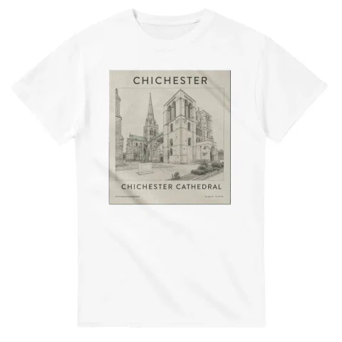 Fine-line engraving-style drawing for Chichester, with a landmark caption and small coordinate text.