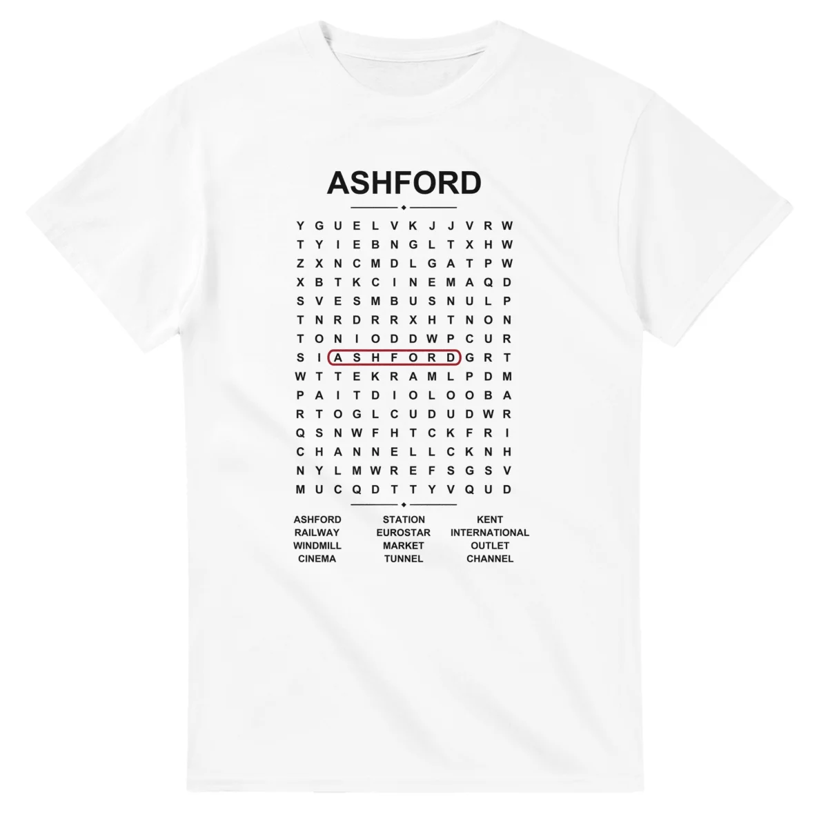 Word-search sheet for Ashford, with a large place-name heading, a letter grid, a local answer list, and a red highlighted example word.