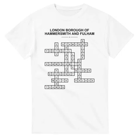 Monochrome crossword sheet for London Borough of Hammersmith and Fulham, with a large place-name heading, a letter grid, and numbered across and down clues.