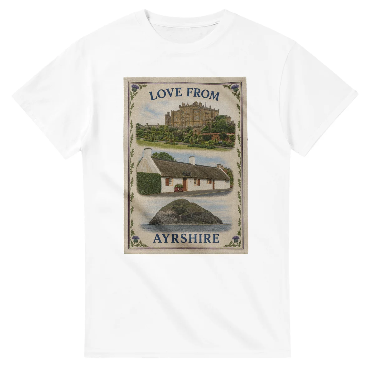 Framed scenic design for Ayrshire, with several local views, a decorative border and LOVE FROM lettering.