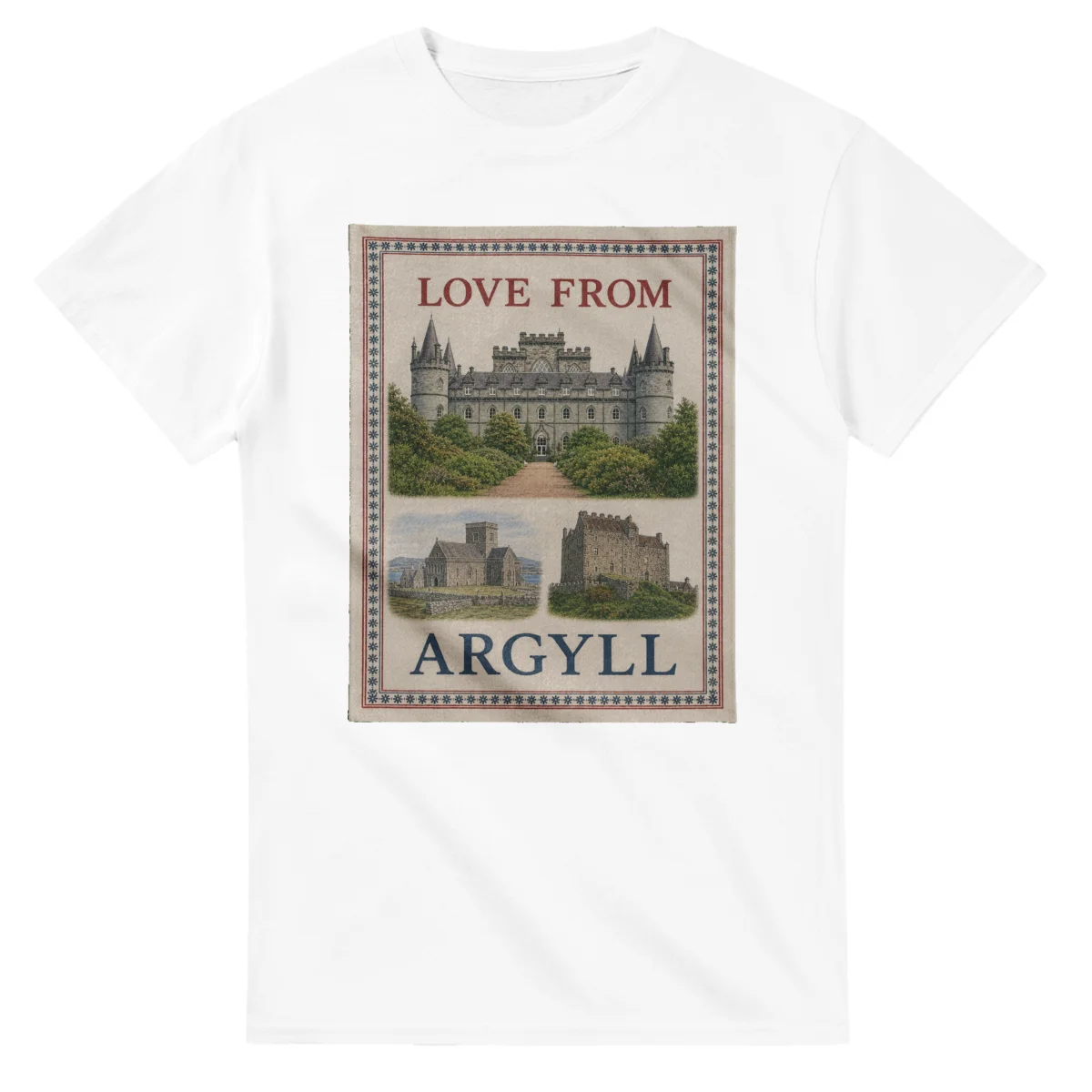 Framed scenic design for Argyll, with several local views, a decorative border and LOVE FROM lettering.