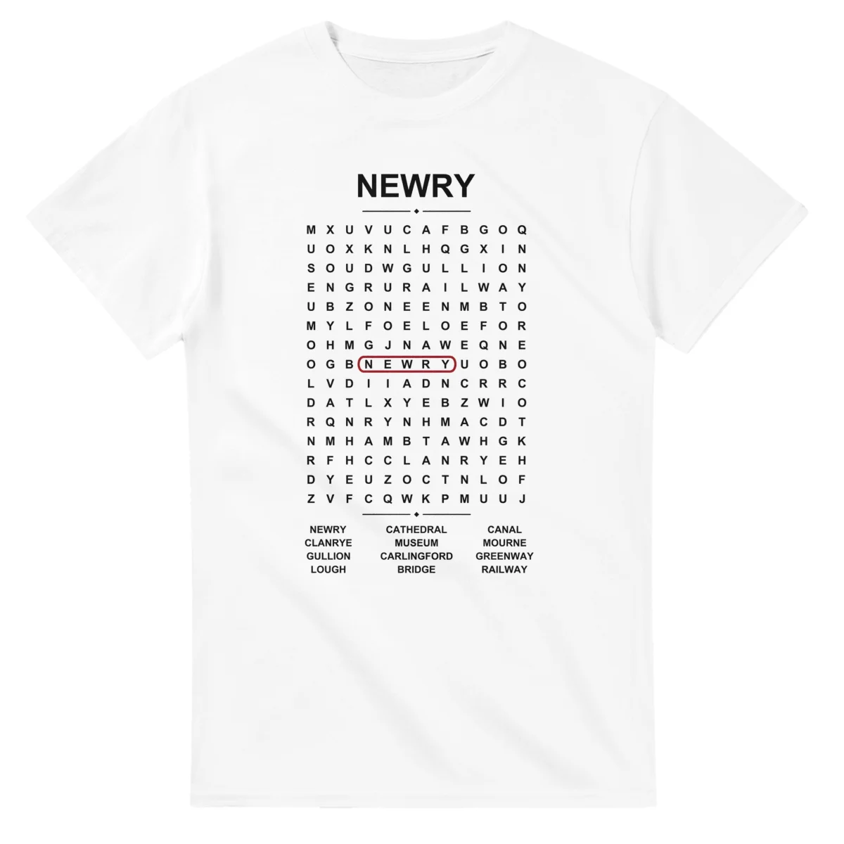 Word-search sheet for Newry, with a large place-name heading, a letter grid, a local answer list, and a red highlighted example word.
