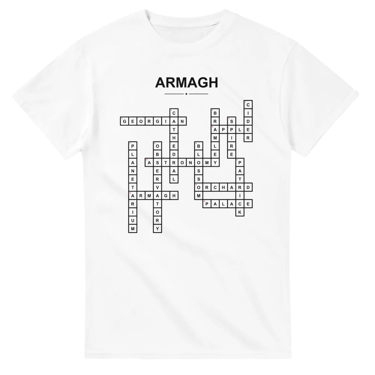 Monochrome crossword sheet for Armagh, with a large place-name heading, a letter grid, and numbered across and down clues.