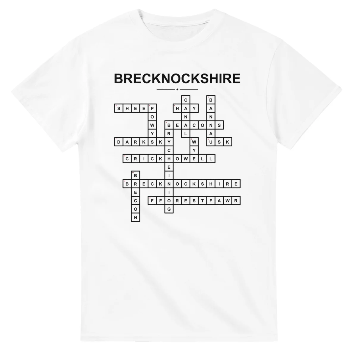 Monochrome crossword sheet for Brecknockshire, with a large place-name heading, a letter grid, and numbered across and down clues.
