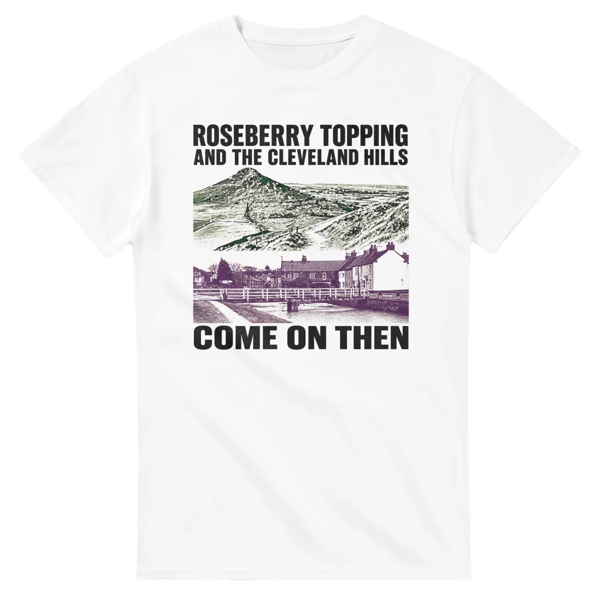Two-colour scenic illustration for Roseberry Topping and the Cleveland Hills, with the place name and COME ON THEN lettering.