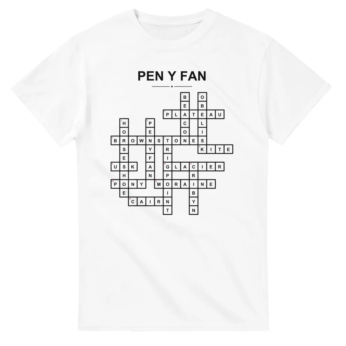 Monochrome crossword sheet for Pen y Fan, with a large place-name heading, a letter grid, and numbered across and down clues.