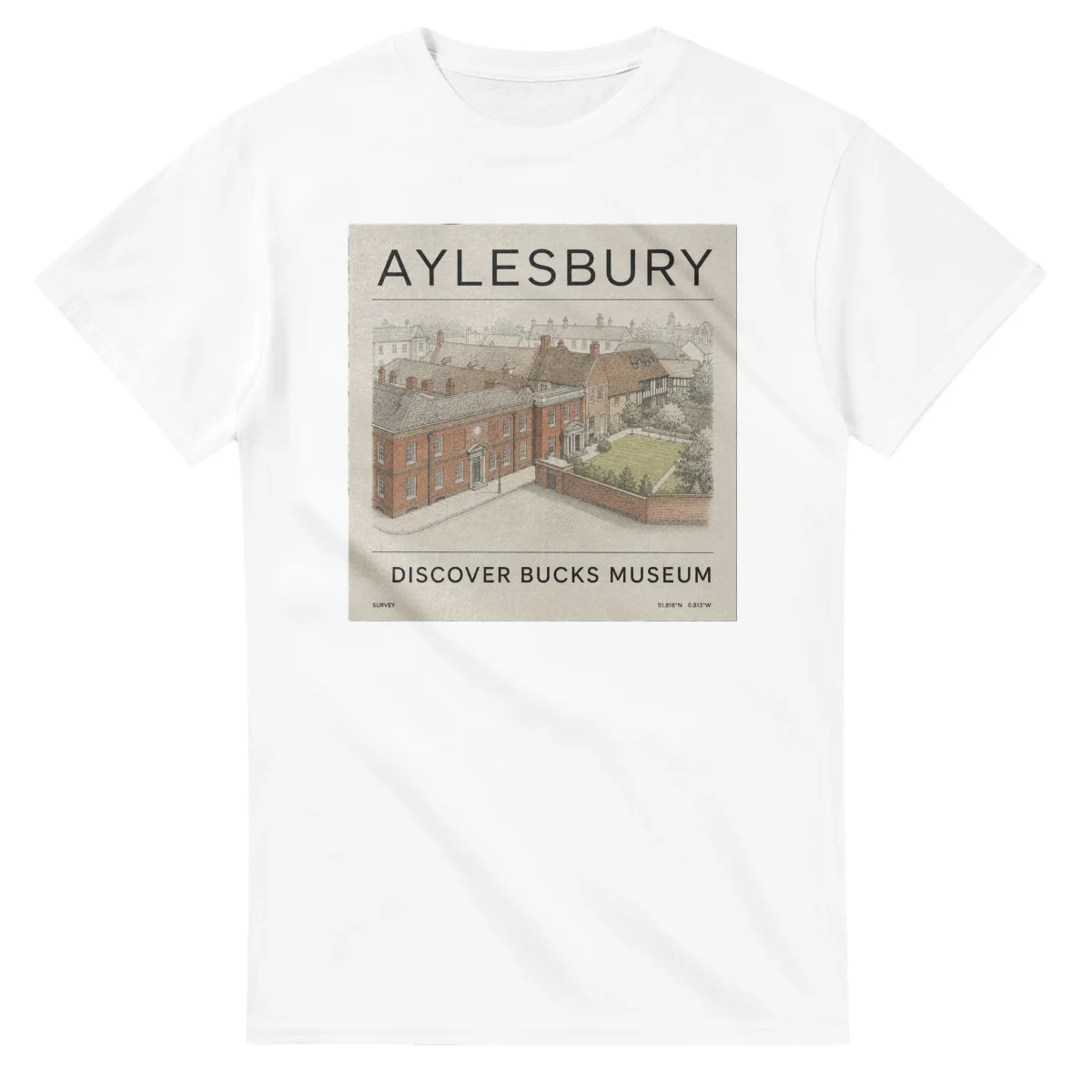Fine-line engraving-style drawing for Aylesbury, with a landmark caption and small coordinate text.