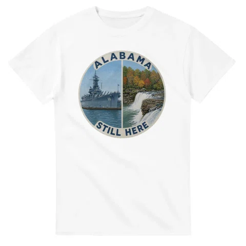 Painted, panelled scenic illustration for Alabama, with paired local scenes and the place name in lettering.