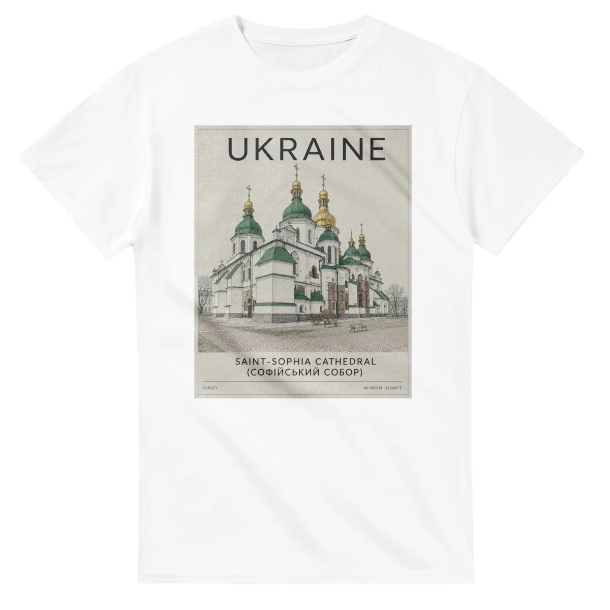 Fine-line engraving-style drawing for Ukraine, with a landmark caption and small coordinate text.