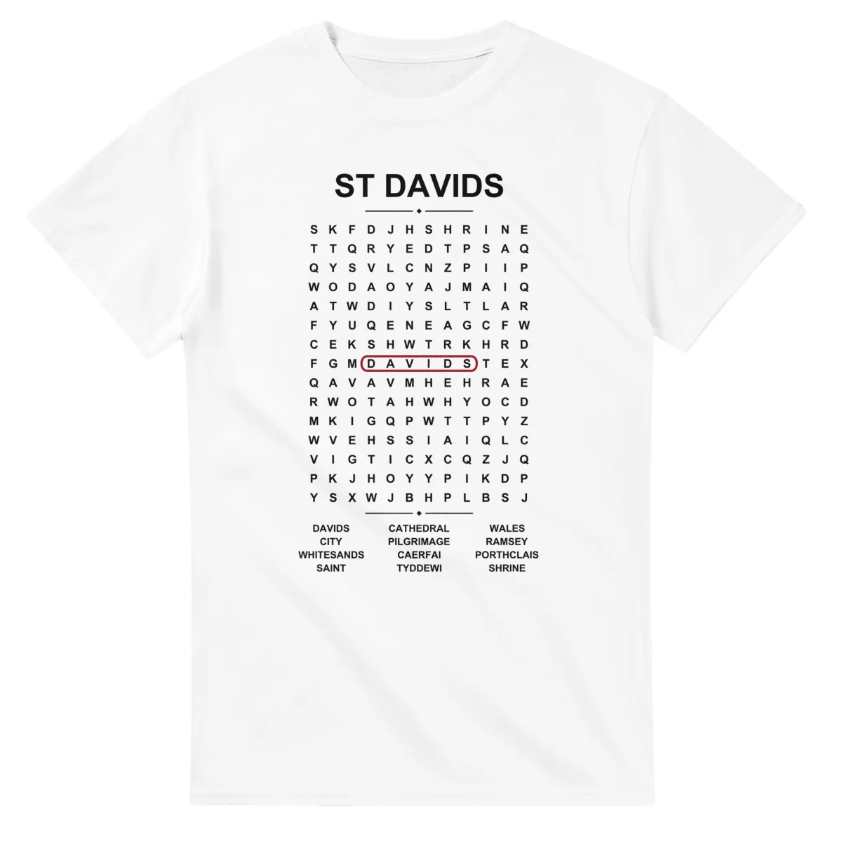 Word-search sheet for St Davids, with a large place-name heading, a letter grid, a local answer list, and a red highlighted example word.