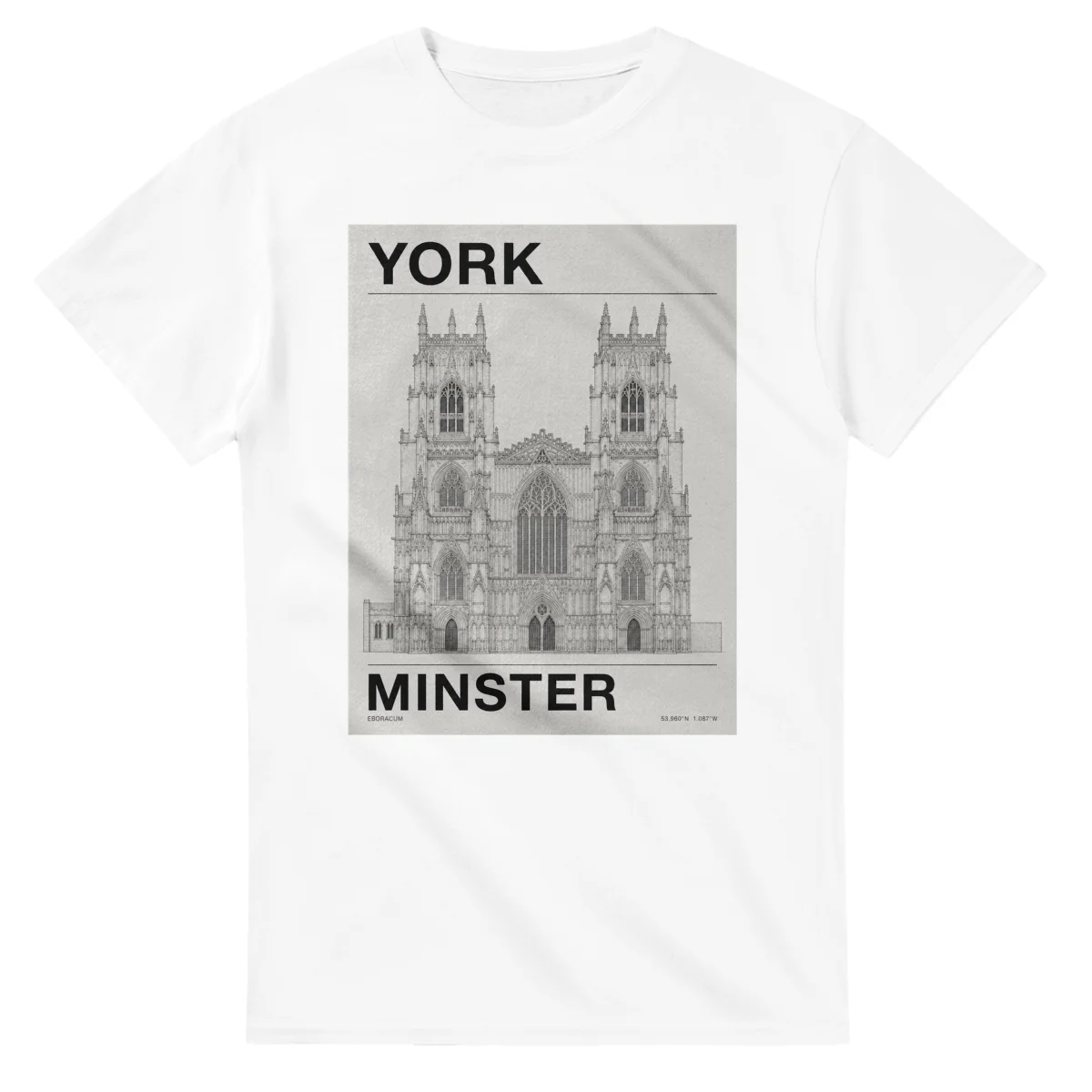 Fine-line engraving-style drawing for York, with a landmark caption and small coordinate text.