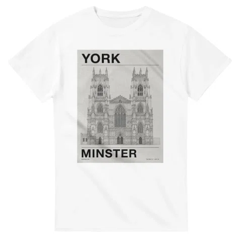 Fine-line engraving-style drawing for York, with a landmark caption and small coordinate text.