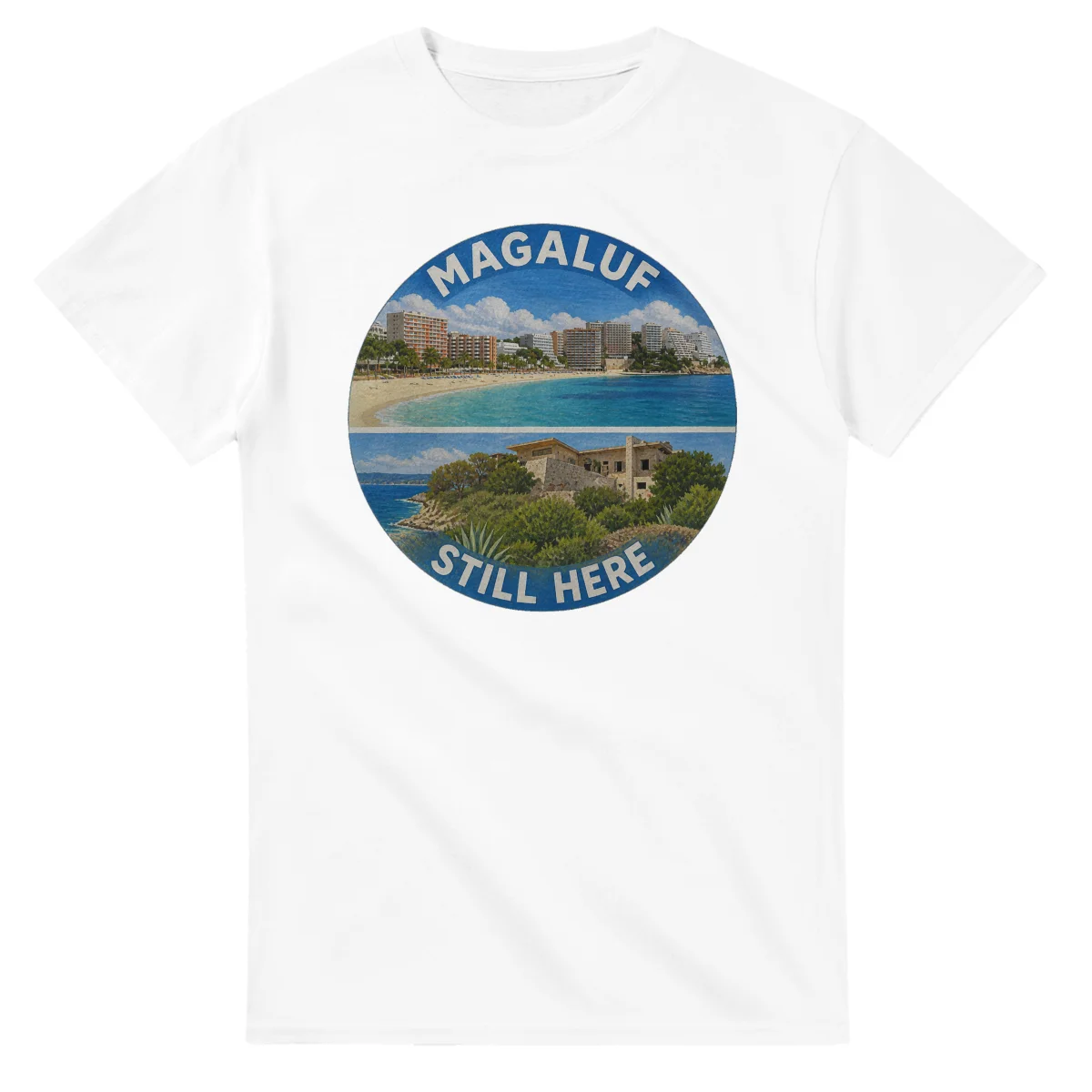 Painted, panelled scenic illustration for Magaluf, with paired local scenes and the place name in lettering.