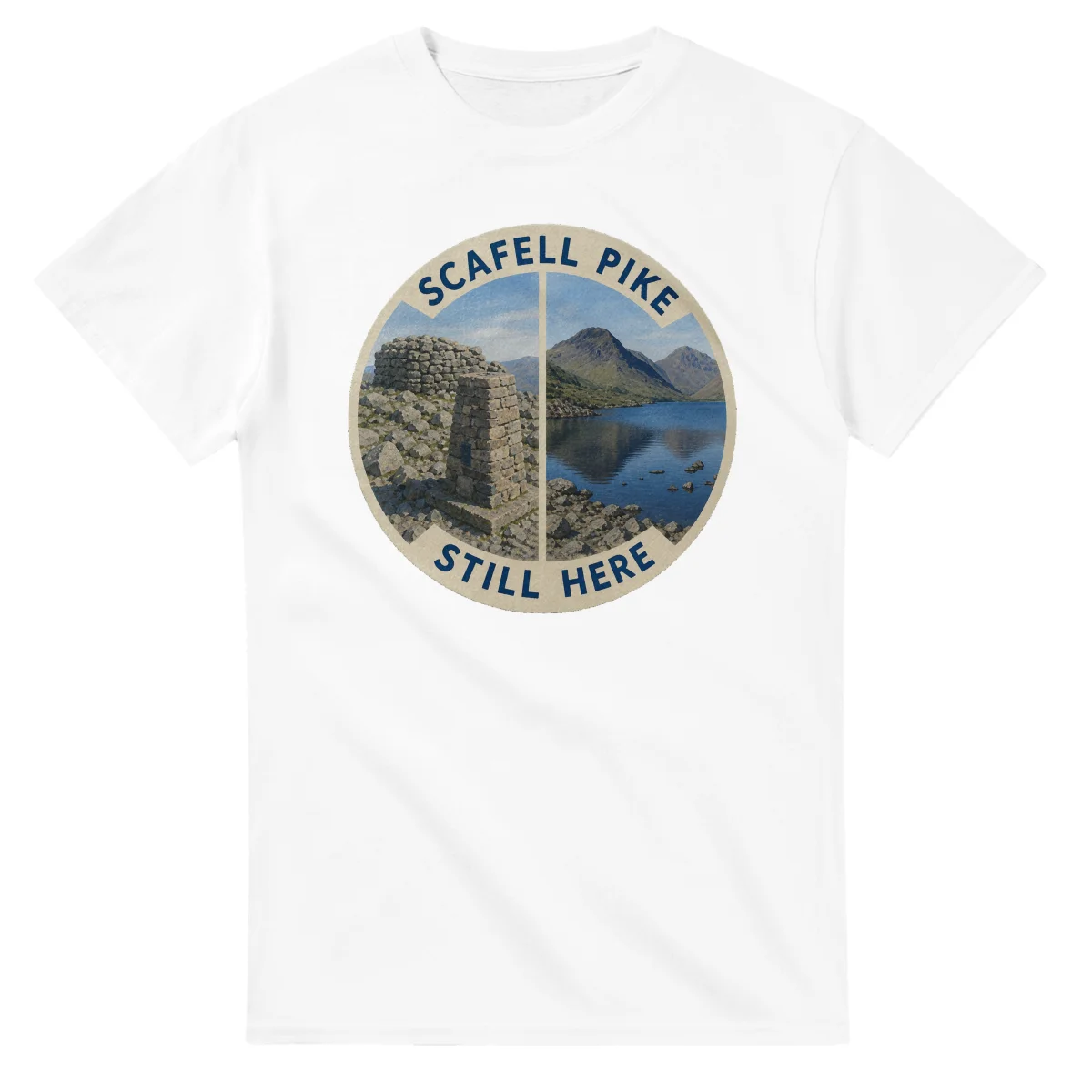 Painted, panelled scenic illustration for Scafell Pike, with paired local scenes and the place name in lettering.