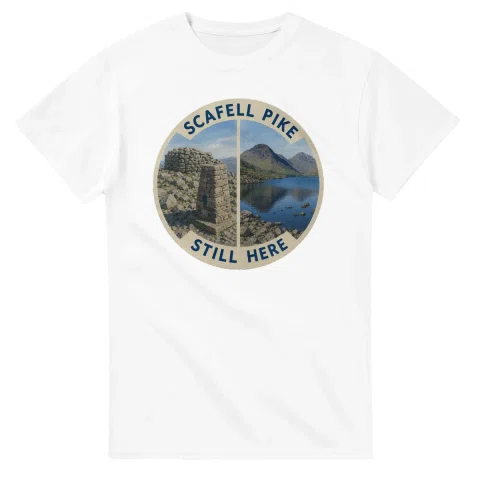 Painted, panelled scenic illustration for Scafell Pike, with paired local scenes and the place name in lettering.