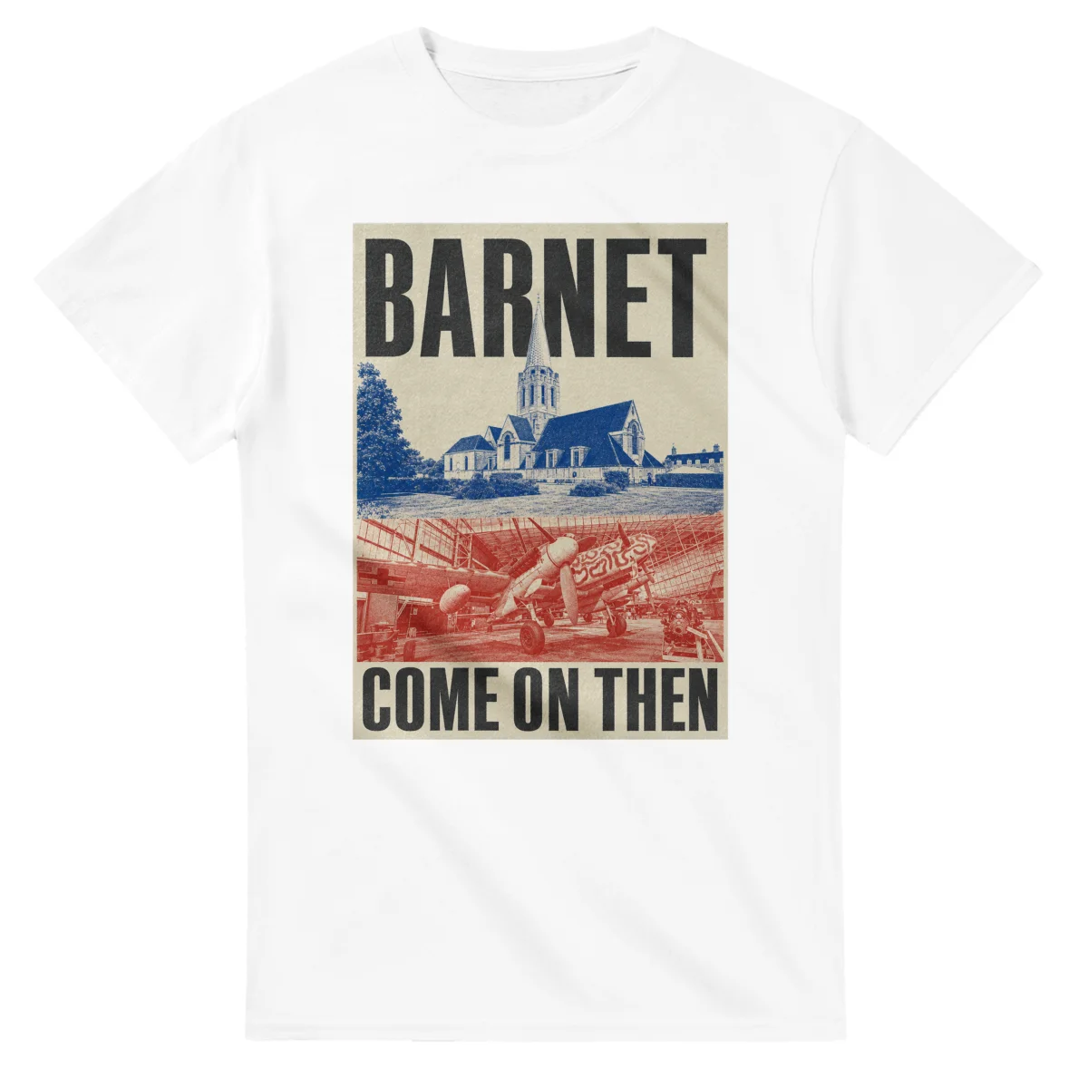 Two-colour scenic illustration for London Borough of Barnet, with the place name and COME ON THEN lettering.