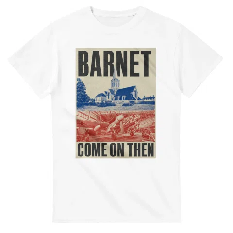 Two-colour scenic illustration for London Borough of Barnet, with the place name and COME ON THEN lettering.