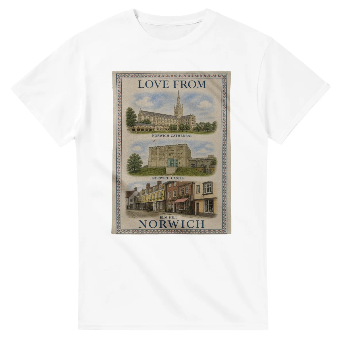 Framed scenic design for Norwich, with several local views, a decorative border and LOVE FROM lettering.
