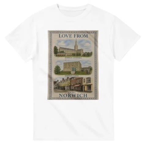 Framed scenic design for Norwich, with several local views, a decorative border and LOVE FROM lettering.