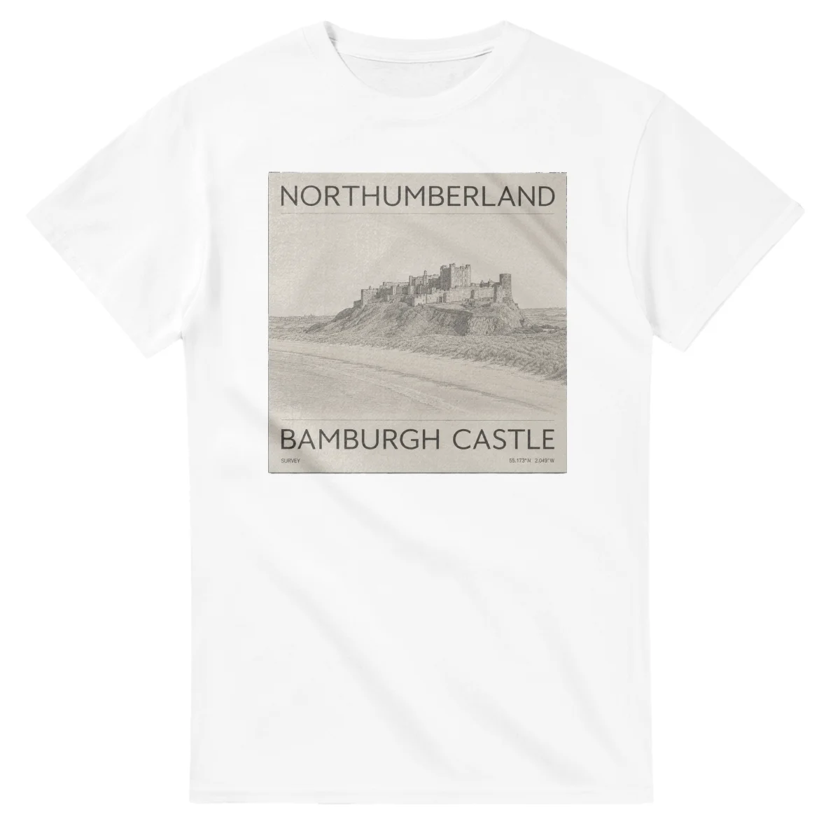 Fine-line engraving-style drawing for Northumberland, with a landmark caption and small coordinate text.