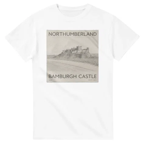 Fine-line engraving-style drawing for Northumberland, with a landmark caption and small coordinate text.