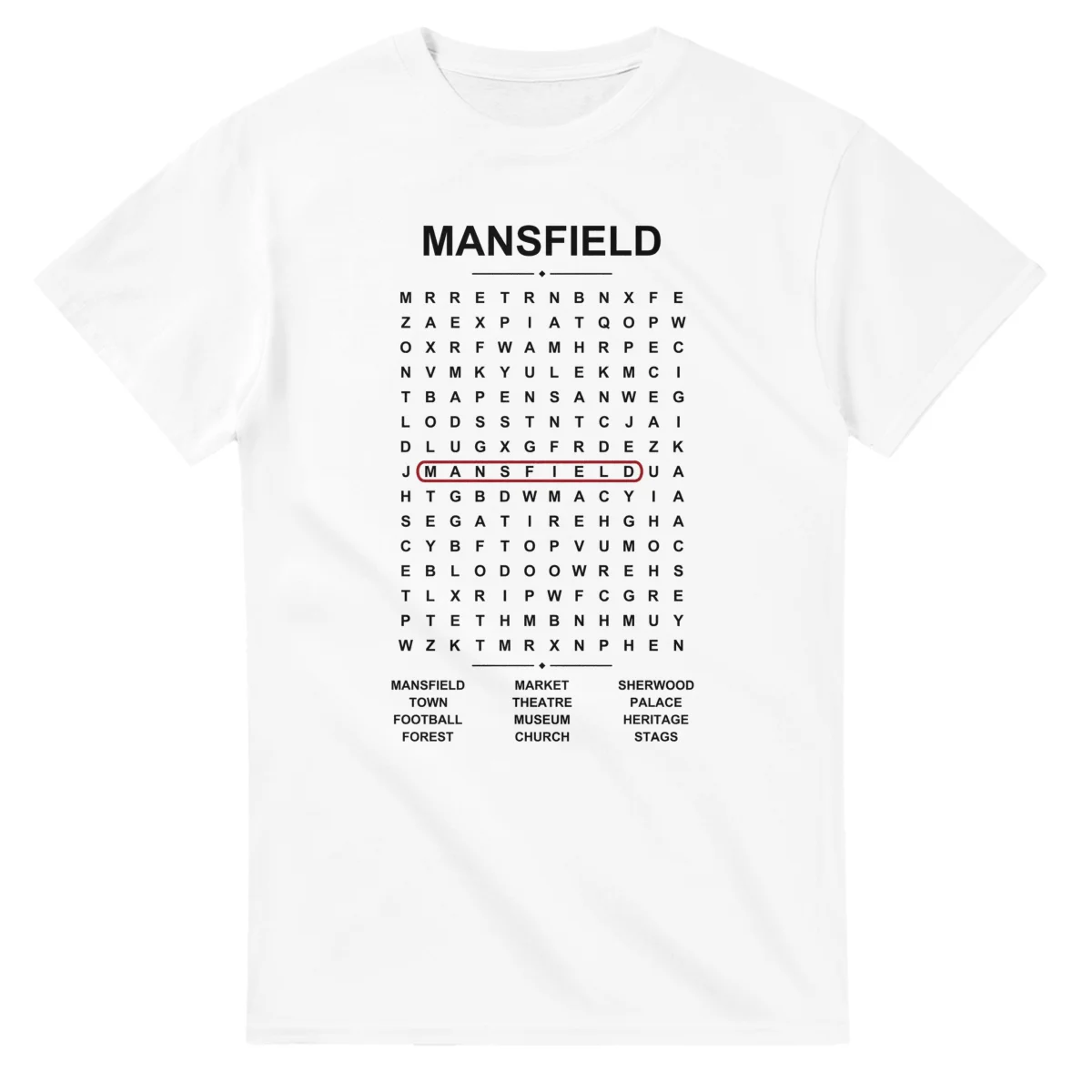 Word-search sheet for Mansfield, with a large place-name heading, a letter grid, a local answer list, and a red highlighted example word.