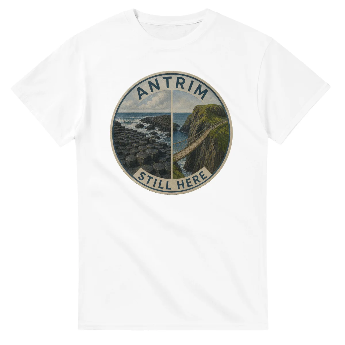Painted, panelled scenic illustration for Antrim, with paired local scenes and the place name in lettering.