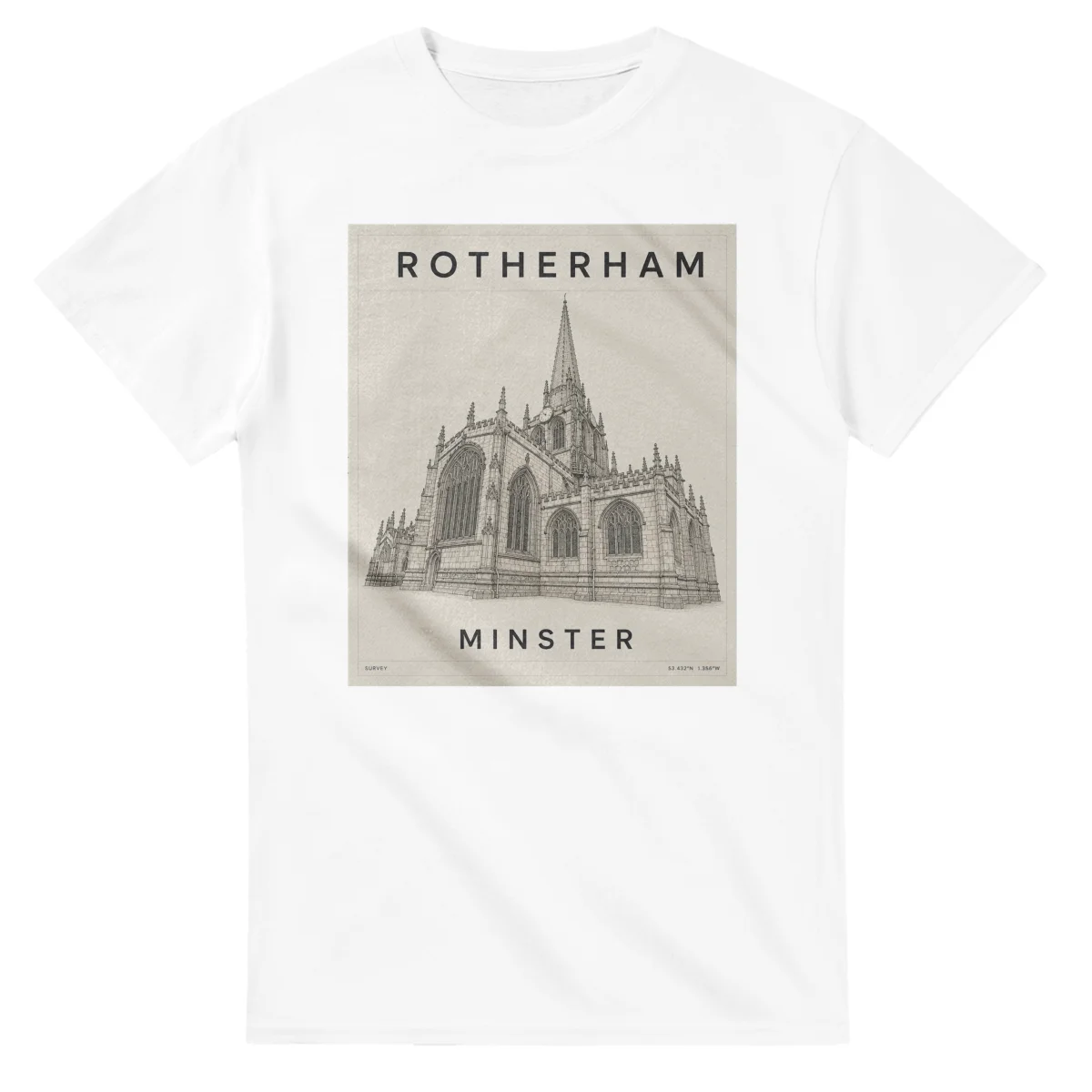Fine-line engraving-style drawing for Rotherham, with a landmark caption and small coordinate text.
