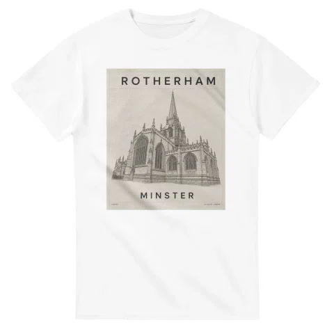 Fine-line engraving-style drawing for Rotherham, with a landmark caption and small coordinate text.