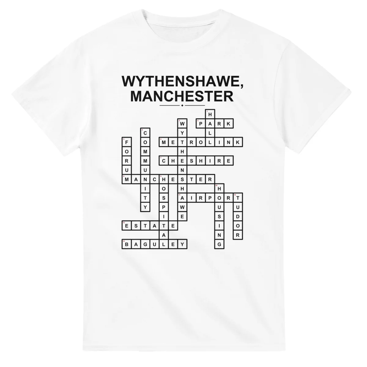 Monochrome crossword sheet for Wythenshawe, with a large place-name heading, a letter grid, and numbered across and down clues.