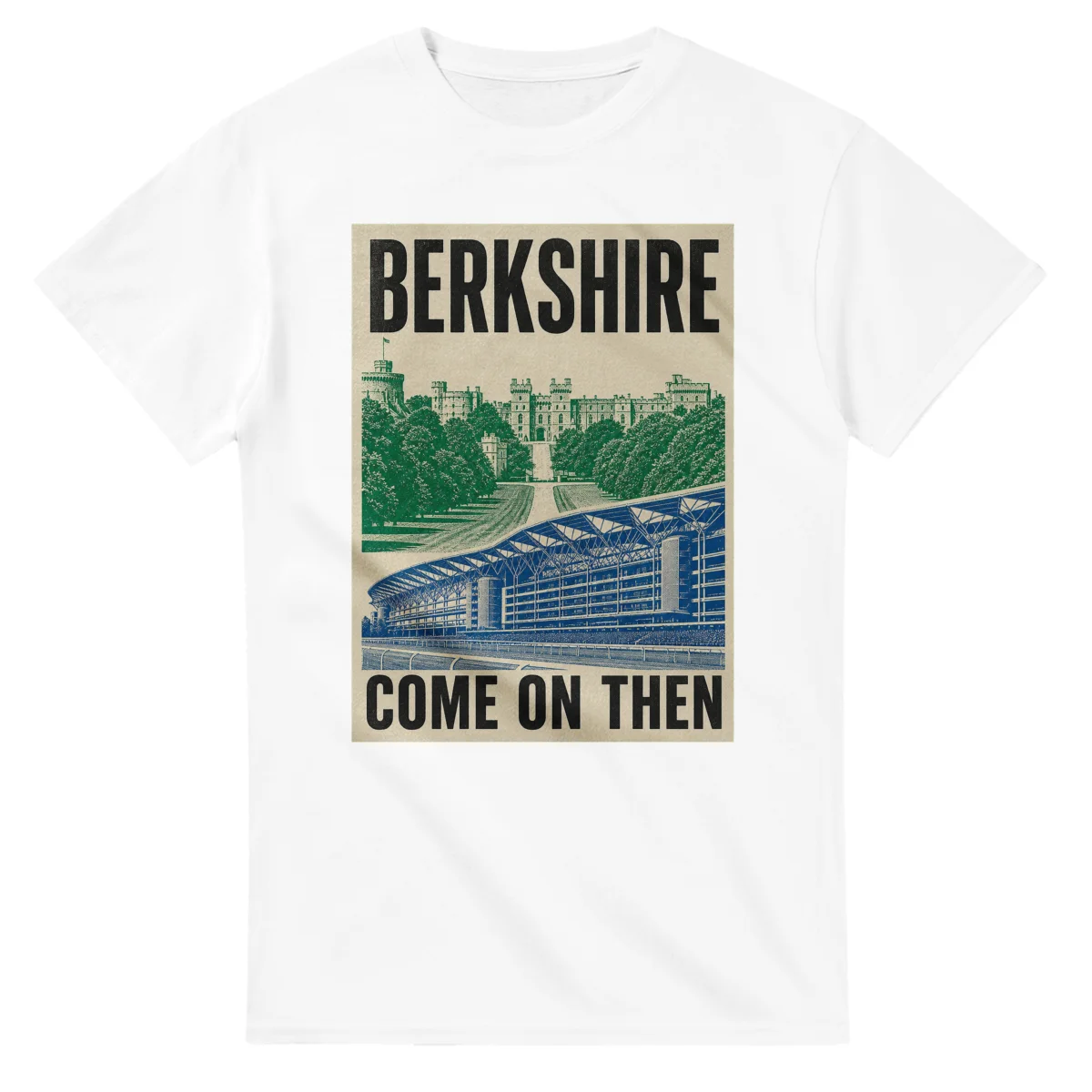 Two-colour scenic illustration for Berkshire, with the place name and COME ON THEN lettering.