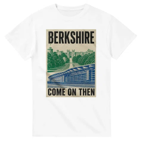 Two-colour scenic illustration for Berkshire, with the place name and COME ON THEN lettering.