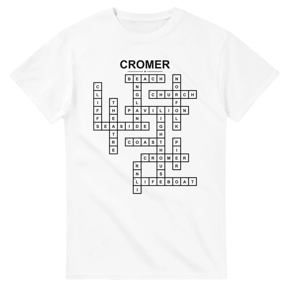 Monochrome crossword sheet for Cromer, with a large place-name heading, a letter grid, and numbered across and down clues.