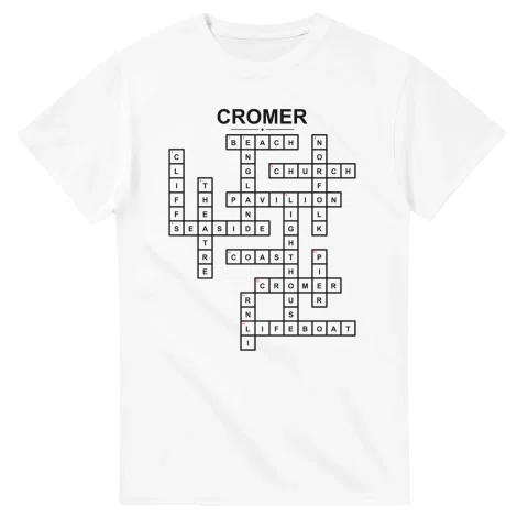 Monochrome crossword sheet for Cromer, with a large place-name heading, a letter grid, and numbered across and down clues.