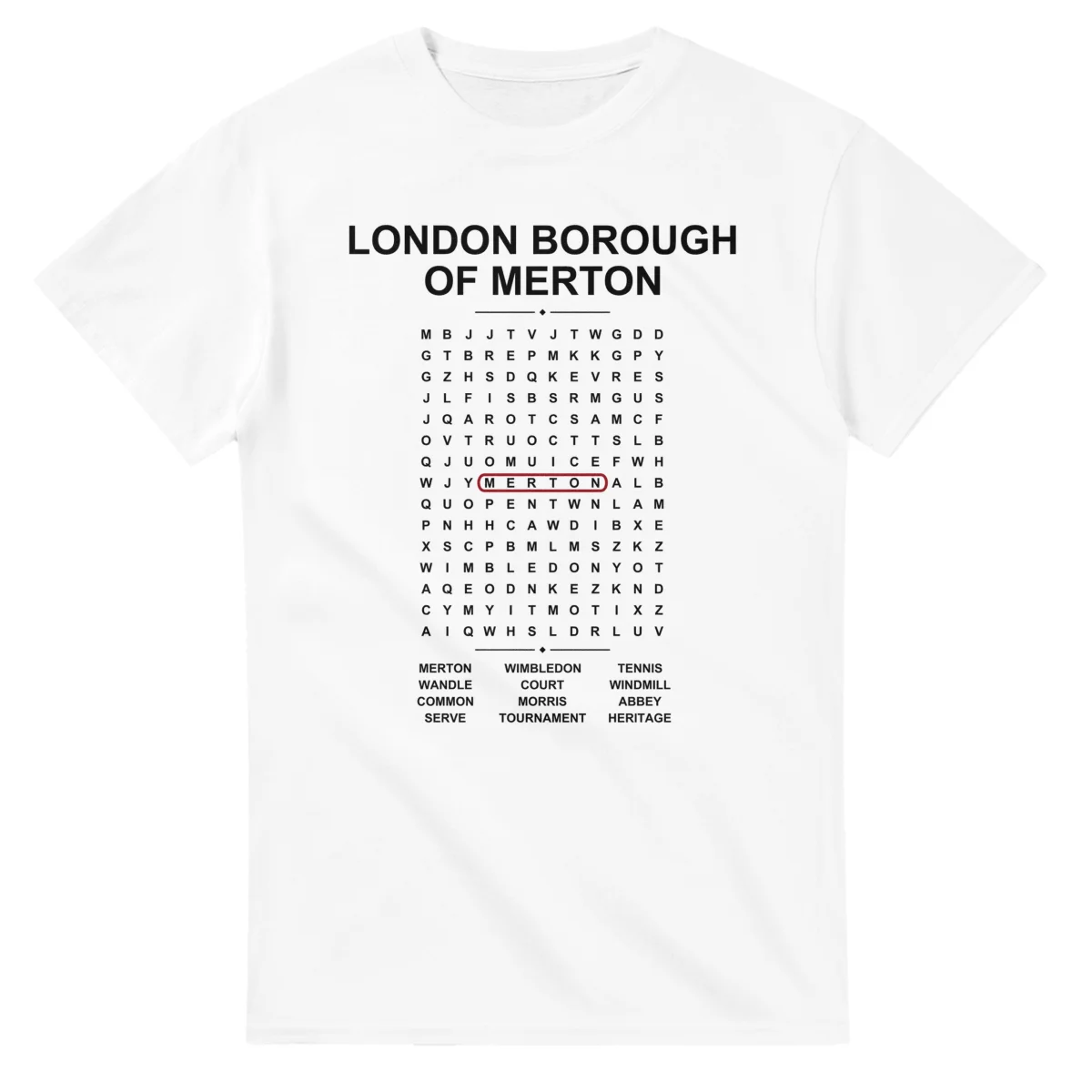 Word-search sheet for London Borough of Merton, with a large place-name heading, a letter grid, a local answer list, and a red highlighted example word.