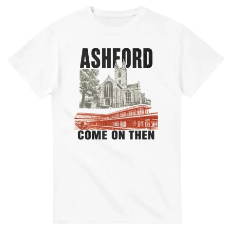 Two-colour scenic illustration for Ashford, with the place name and COME ON THEN lettering.