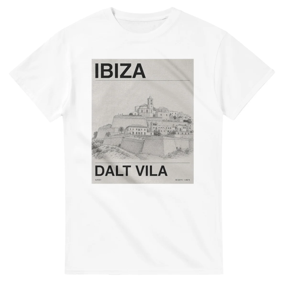 Fine-line engraving-style drawing for Ibiza, with a landmark caption and small coordinate text.