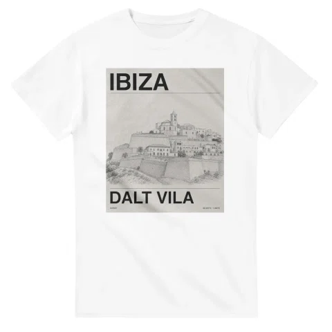 Fine-line engraving-style drawing for Ibiza, with a landmark caption and small coordinate text.