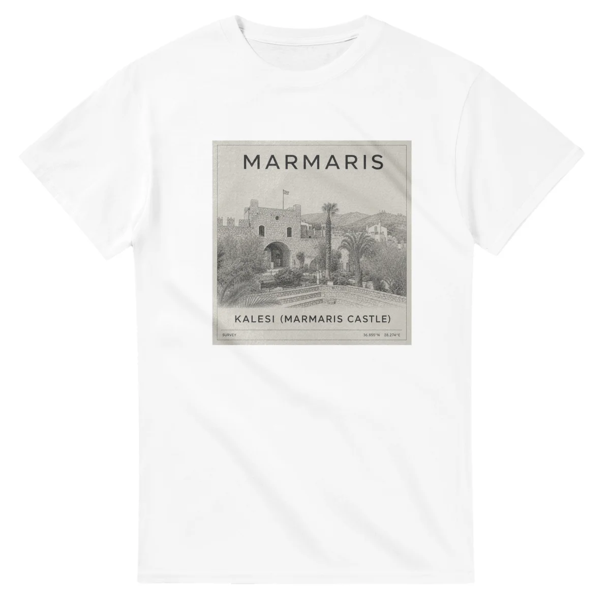 Fine-line engraving-style drawing for Marmaris, with a landmark caption and small coordinate text.
