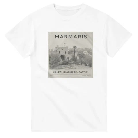 Fine-line engraving-style drawing for Marmaris, with a landmark caption and small coordinate text.