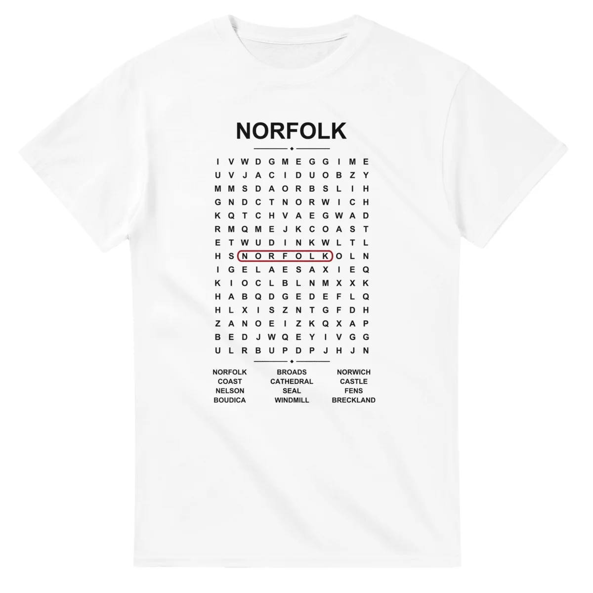 Word-search sheet for Norfolk, with a large place-name heading, a letter grid, a local answer list, and a red highlighted example word.