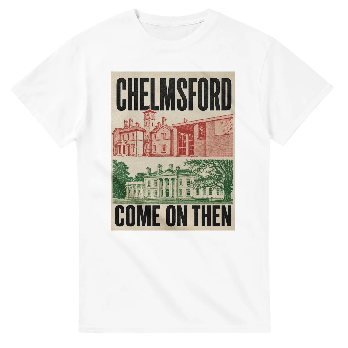 Two-colour scenic illustration for Chelmsford, with the place name and COME ON THEN lettering.