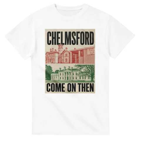 Two-colour scenic illustration for Chelmsford, with the place name and COME ON THEN lettering.